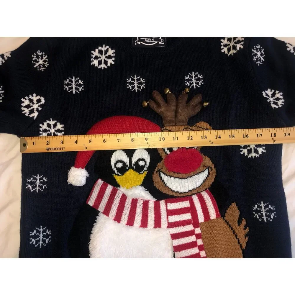 Christmas Sweater Penguin Reindeer Snowflakes Size M Mens Blue Jumper Textured